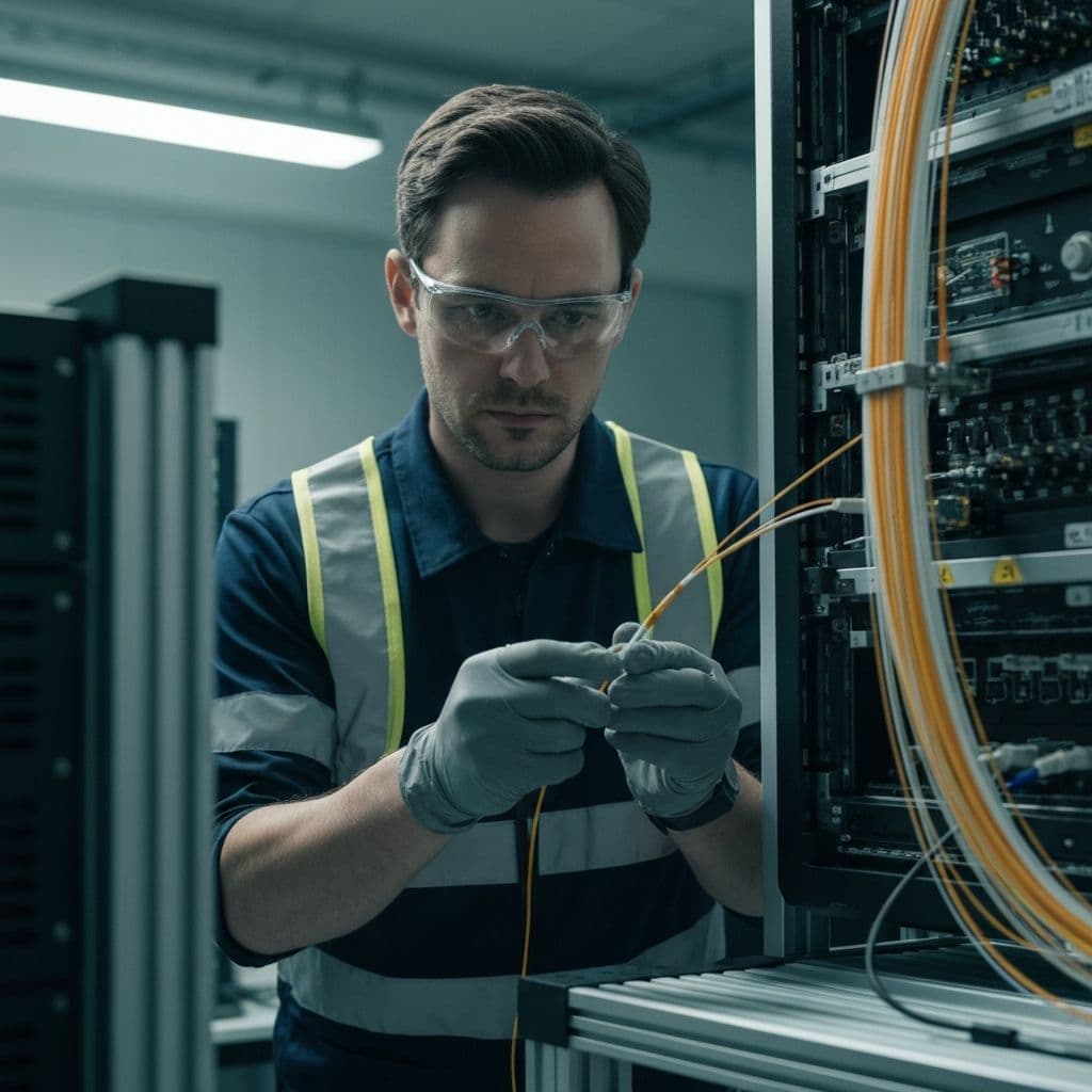 Technicien installant des câbles de fibre optique
