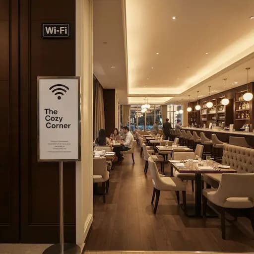 Restaurant d'hôtel moderne avec panneaux Wi-Fi et ambiance chaleureuse