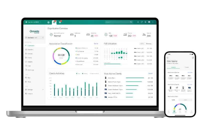 Interface de supervision TP-Link Omada Cloud avec dashboard de monitoring temps réel et application mobile