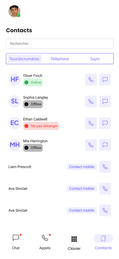 Interface Contacts Saylo - Gestion des contacts avec statuts de disponibilité