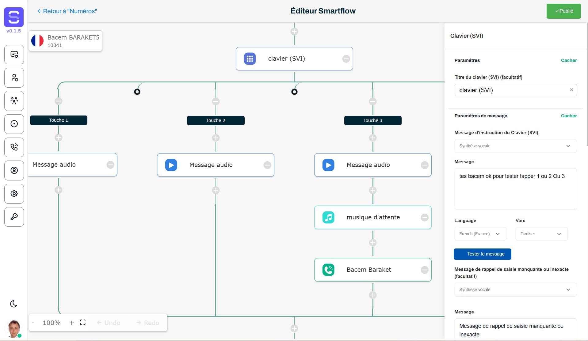 Interface SmartFlow Saylo - Éditeur de flux d'appels avec workflow visuel