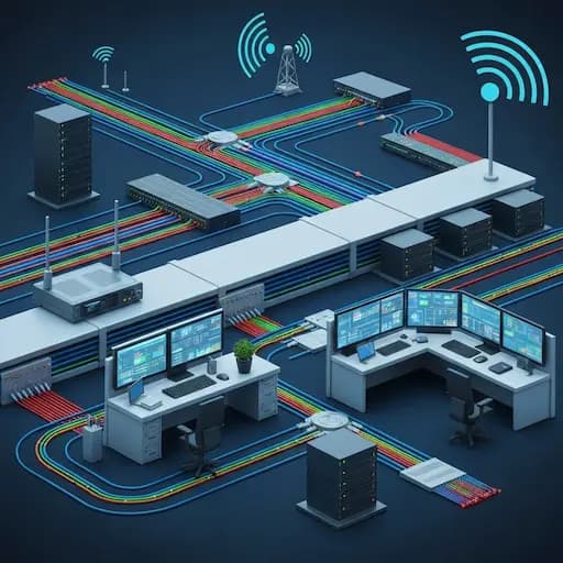 Infrastructure de télécommunications moderne avec équipements réseau et fibres optiques